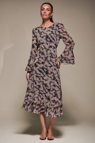 Long Sleeve Chiffon Print Frill Midaxi Dress, Purple Multi
