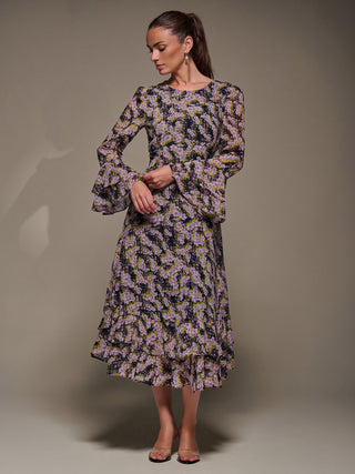 Long Sleeve Chiffon Print Frill Midaxi Dress Purple Multi