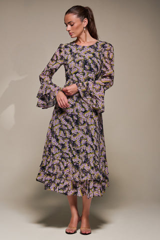 Long Sleeve Chiffon Print Frill Midaxi Dress, Purple Multi