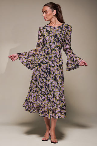 Long Sleeve Chiffon Print Frill Midaxi Dress, Purple Multi