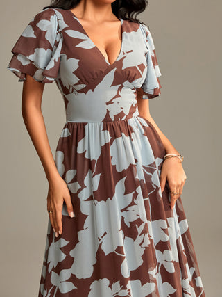 Layered Angel Sleeved Chiffon Maxi Dress, Brown Floral