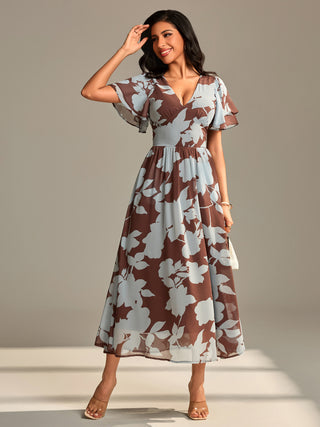 Layered Angel Sleeved Chiffon Maxi Dress, Brown Floral