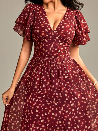 Layered Angel Sleeved Chiffon Maxi Dress, Burgundy Abstract