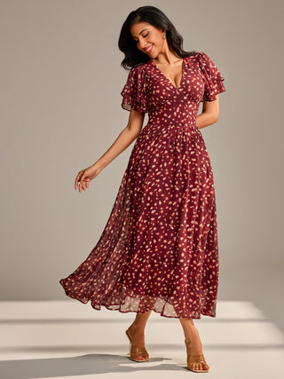 Layered Angel Sleeved Chiffon Maxi Dress, Burgundy Abstract