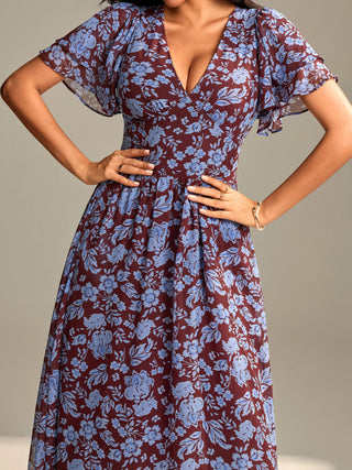 Layered Angel Sleeved Chiffon Maxi Dress, Burgundy Floral