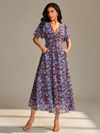 Layered Angel Sleeved Chiffon Maxi Dress, Burgundy Floral Jolie Moi Retail Layered Angel Sleeved Chiffon Maxi Dress, Burgundy Floral Jolie Moi Retail