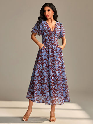 Layered Angel Sleeved Chiffon Maxi Dress, Burgundy Floral