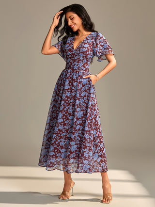 Layered Angel Sleeved Chiffon Maxi Dress, Burgundy Floral