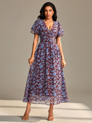 Layered Angel Sleeved Chiffon Maxi Dress, Burgundy Floral