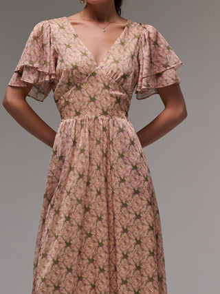 Layered Angel Sleeved Chiffon Maxi Dress, Green Floral