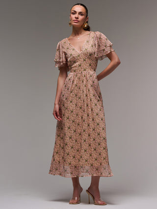 Layered Angel Sleeved Chiffon Maxi Dress, Green Floral