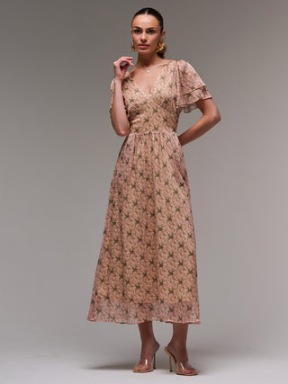 Layered Angel Sleeved Chiffon Maxi Dress, Green Floral