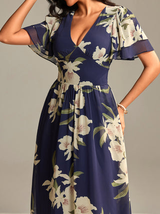 Layered Angel Sleeved Chiffon Maxi Dress, Navy Floral
