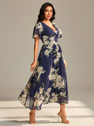 Layered Angel Sleeved Chiffon Maxi Dress, Navy Floral