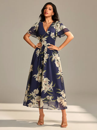 Layered Angel Sleeved Chiffon Maxi Dress, Navy Floral