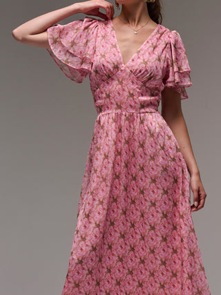 Layered Angel Sleeved Chiffon Maxi Dress, Pink Floral
