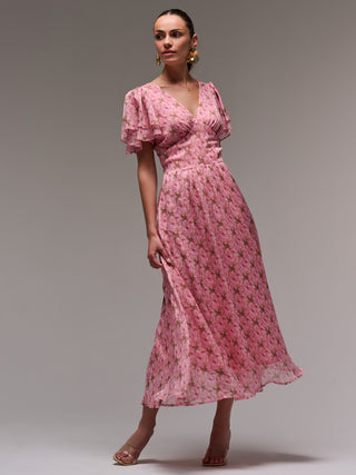 Layered Angel Sleeved Chiffon Maxi Dress, Pink Floral