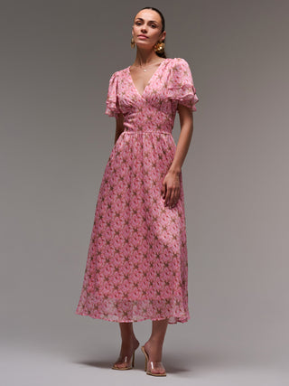Layered Angel Sleeved Chiffon Maxi Dress, Pink Floral