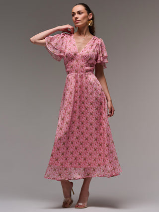 Layered Angel Sleeved Chiffon Maxi Dress, Pink Floral