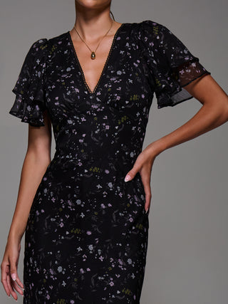 V-Neck Frill Sleeve Chiffon Midaxi Dress, Black Floral