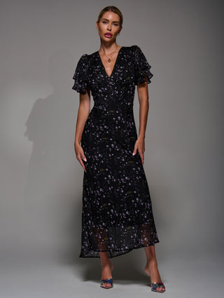 V-Neck Frill Sleeve Chiffon Midaxi Dress, Black Floral