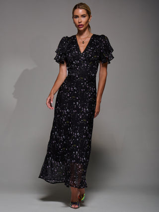 V-Neck Frill Sleeve Chiffon Midaxi Dress, Black Floral
