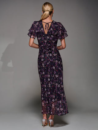 V-Neck Frill Sleeve Chiffon Midaxi Dress, Purple Multi