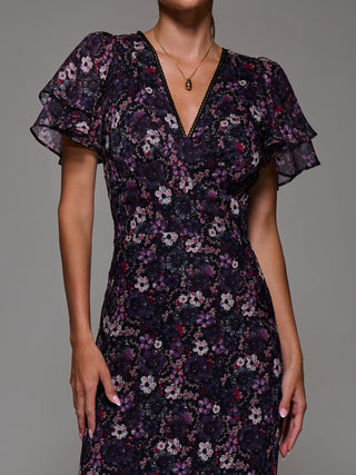 V-Neck Frill Sleeve Chiffon Midaxi Dress, Purple Multi
