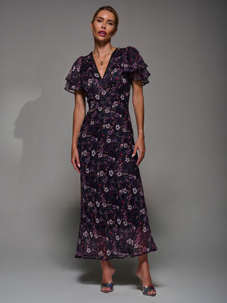 V-Neck Frill Sleeve Chiffon Midaxi Dress, Purple Multi