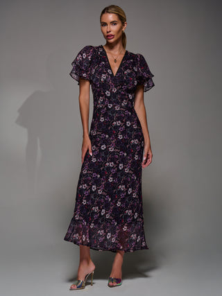 V-Neck Frill Sleeve Chiffon Midaxi Dress, Purple Multi