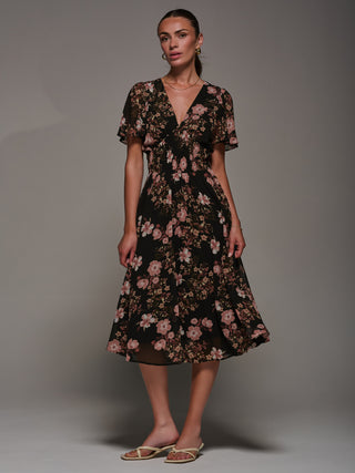 Chiffon Tie Back Detail Midi Dress, Black Floral