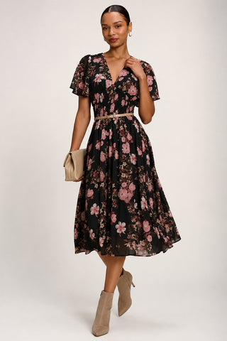 Chiffon Tie Back Detail Midi Dress, Black Floral