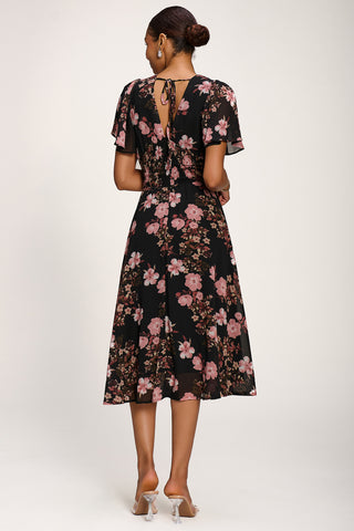 Chiffon Tie Back Detail Midi Dress, Black Floral