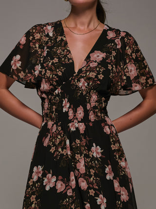 Chiffon Tie Back Detail Midi Dress, Black Floral