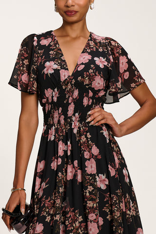 Chiffon Tie Back Detail Midi Dress, Black Floral