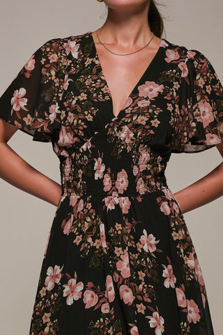 Chiffon Tie Back Detail Midi Dress, Black Floral