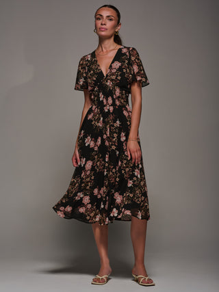 Chiffon Tie Back Detail Midi Dress, Black Floral