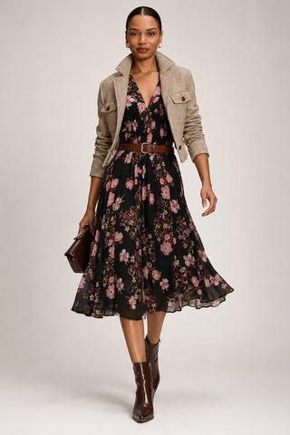 Chiffon Tie Back Detail Midi Dress, Black Floral