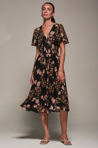 Chiffon Tie Back Detail Midi Dress, Black Floral