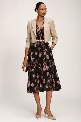 Chiffon Tie Back Detail Midi Dress, Black Floral