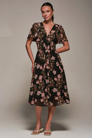 Chiffon Tie Back Detail Midi Dress, Black Floral