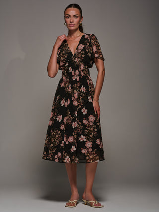 Chiffon Tie Back Detail Midi Dress, Black Floral