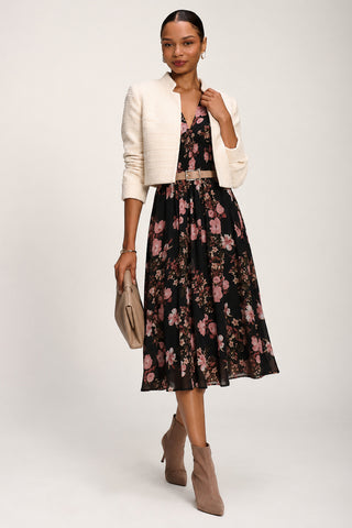 Chiffon Tie Back Detail Midi Dress, Black Floral