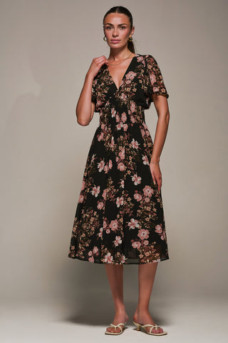 Chiffon Tie Back Detail Midi Dress, Black Floral