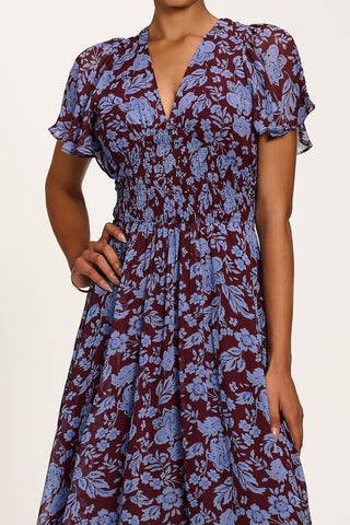Chiffon Tie Back Detail Midi Dress, Blue Floral