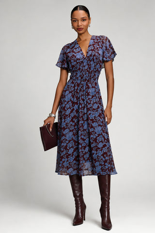 Chiffon Tie Back Detail Midi Dress, Blue Floral