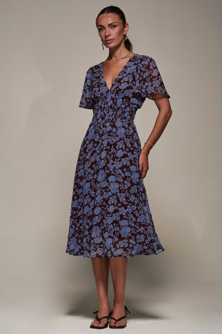Chiffon Tie Back Detail Midi Dress, Blue Floral