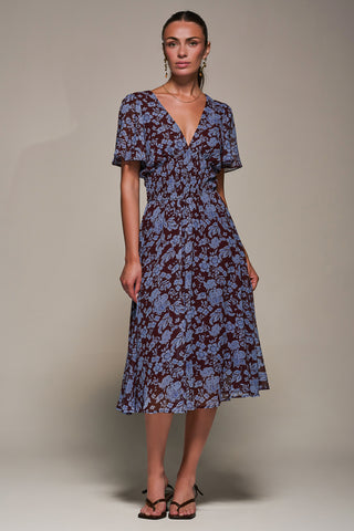 Chiffon Tie Back Detail Midi Dress, Blue Floral