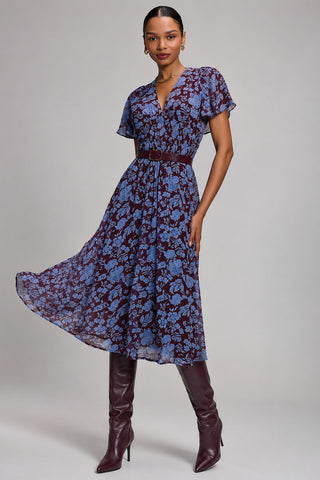 Chiffon Tie Back Detail Midi Dress, Blue Floral