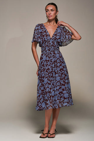 Chiffon Tie Back Detail Midi Dress, Blue Floral